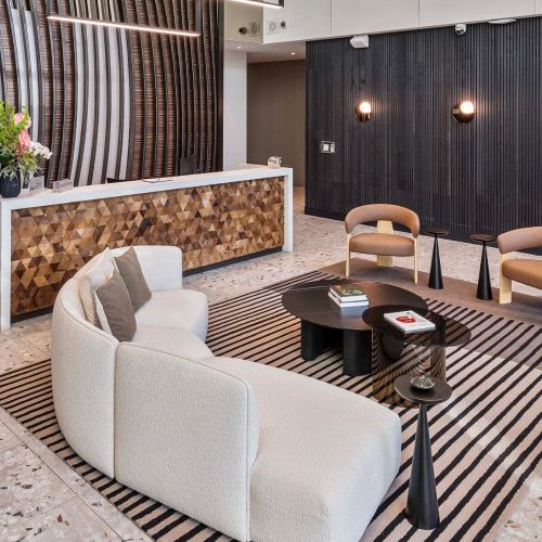 Building lobby entrance view, second angle.