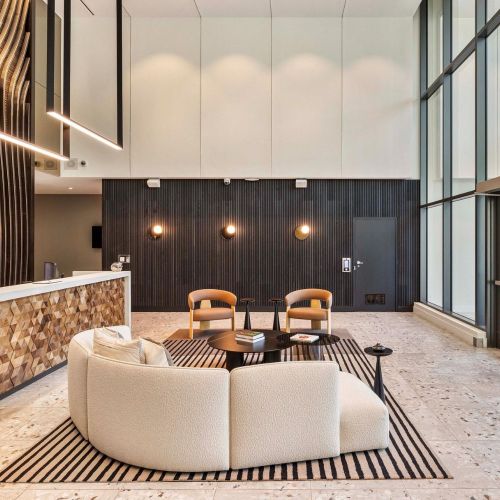 Building lobby entrance view, third angle.