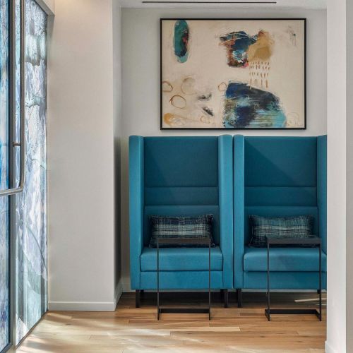 Rooftop lounge work pod booths.