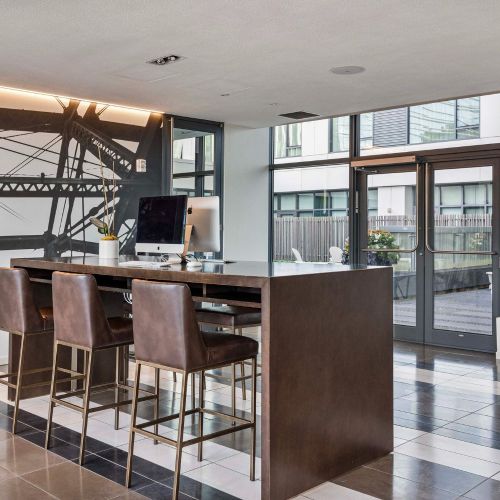 Workspace with computers, first angle.