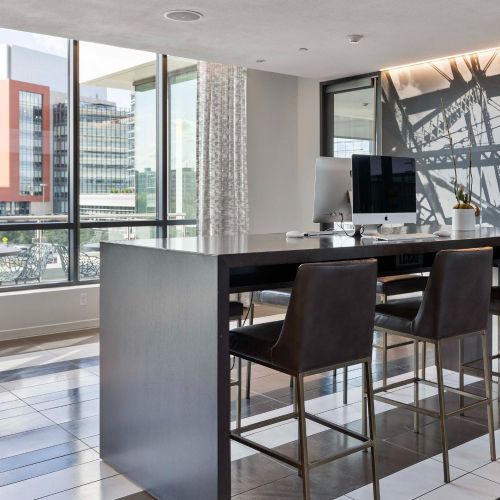 Workspace with computers, second angle.