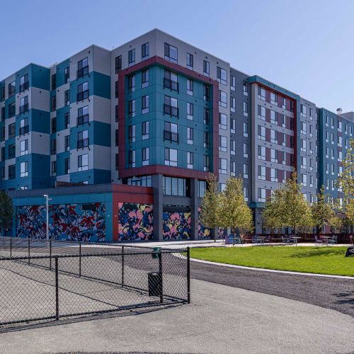 Dining area at Dryft with communal tables.