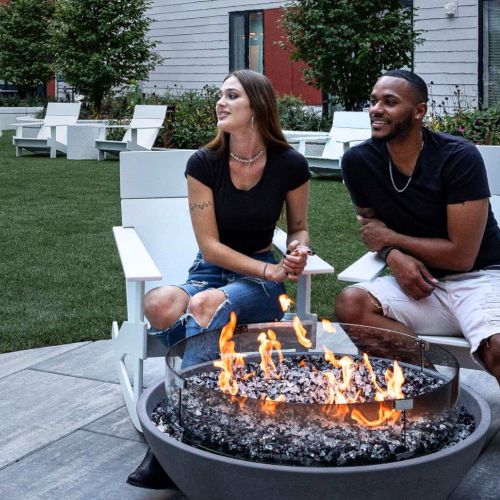 Fitness community in the vibrant courtyard.
