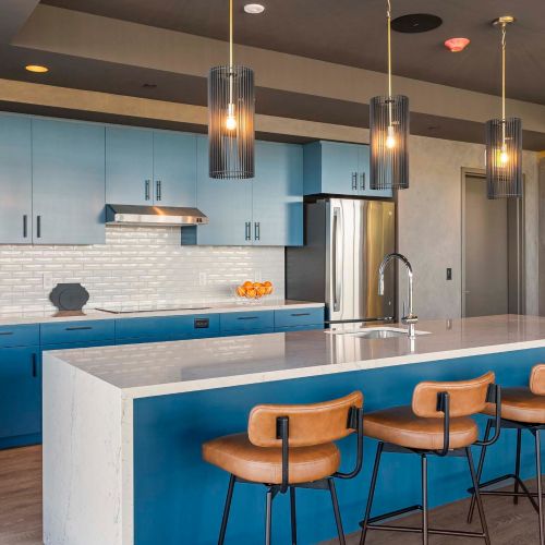 Communal table in the rooftop lounge.