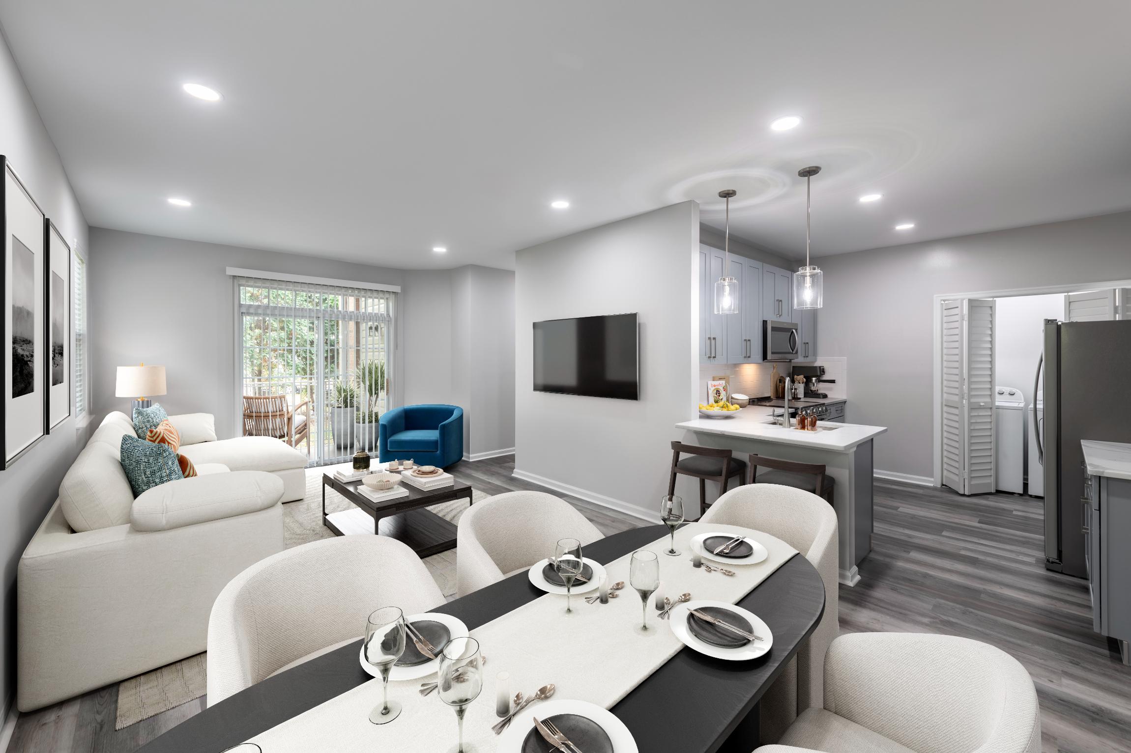 Living Room with view of kitchen and balcony