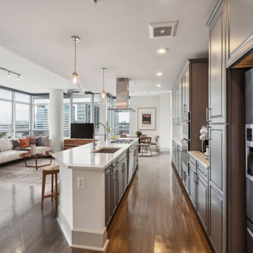 Premier cabinetry and hardwood flooring welcome you home.