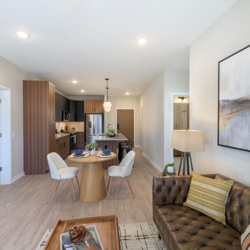 View off kitchen and island from living room