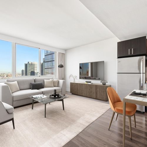 Open layout with living room and kitchen	