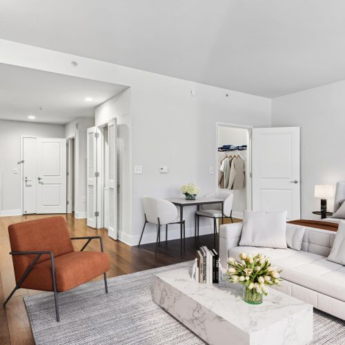 Studio apartment with bed and couch	