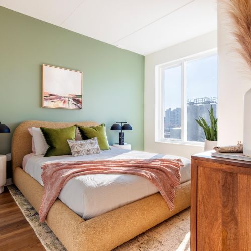 Alternate view of bedroom with green wall.