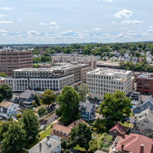 Aerial view of Center & Stone and its surrounding neighborhood.