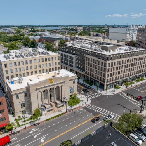 Exterior view of Center & Stone’s modern buildings.