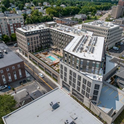 Bird’s-eye view of the pool and courtyard at Center & Stone.