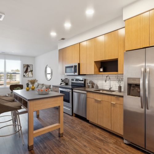 A chef-inspired kitchen with stainless steel appliances and sleek countertops.