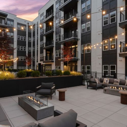 Terrace-level seating areas with fire pits