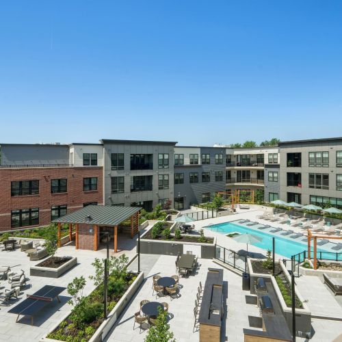 Aerial view of courtyard and pool
