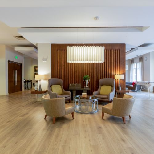 Modern comfort meets community in our stylish lobby lounge