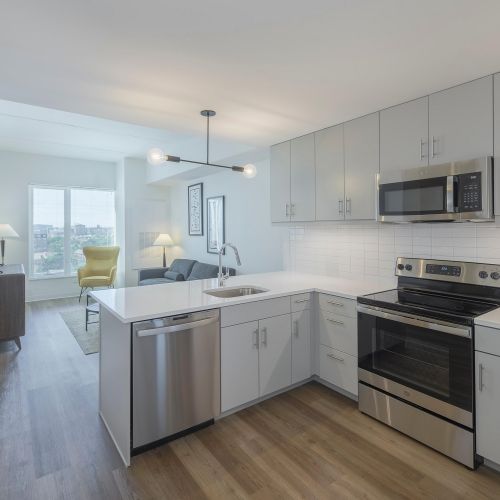 Kitchen and living space with view.