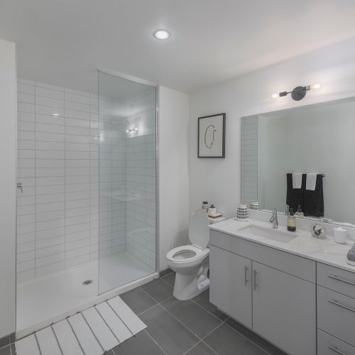 Bathroom with walk-in shower and vanity.