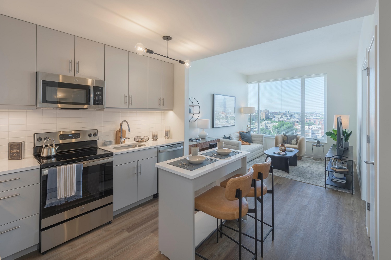 Bright kitchen and living area.