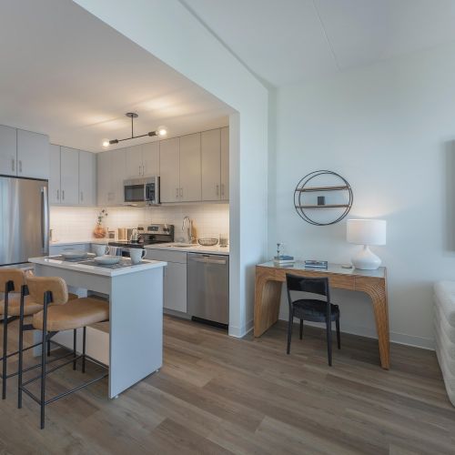 Kitchen with built-in desk space.