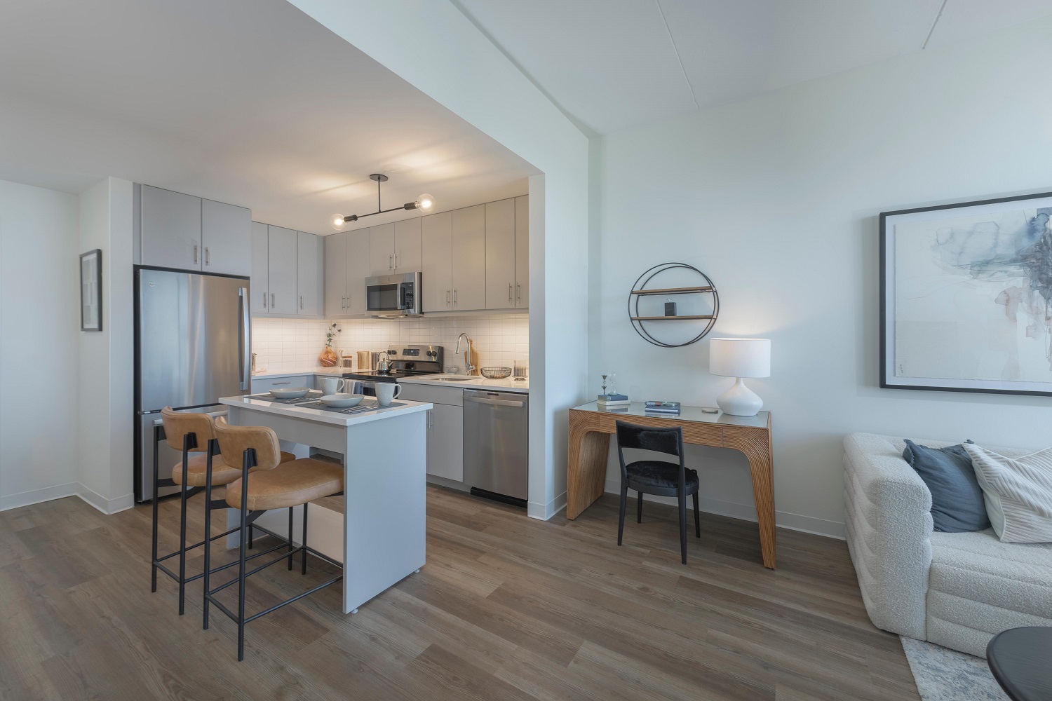Kitchen with built-in desk space.