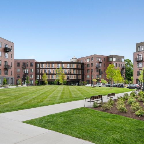 Lush green turf in the heart of the courtyard, perfect for play or lounging.