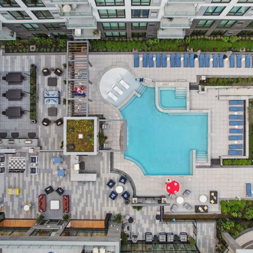 Aerial view of pool courtyard