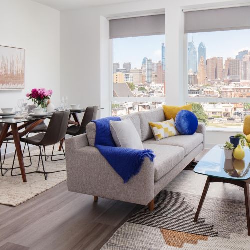 Living room with Philadelphia views