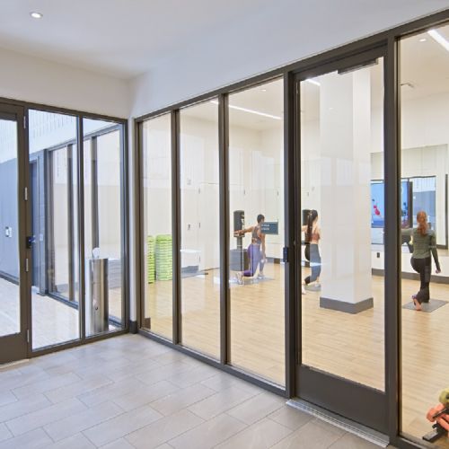 Yoga studio with a glass wall entrance