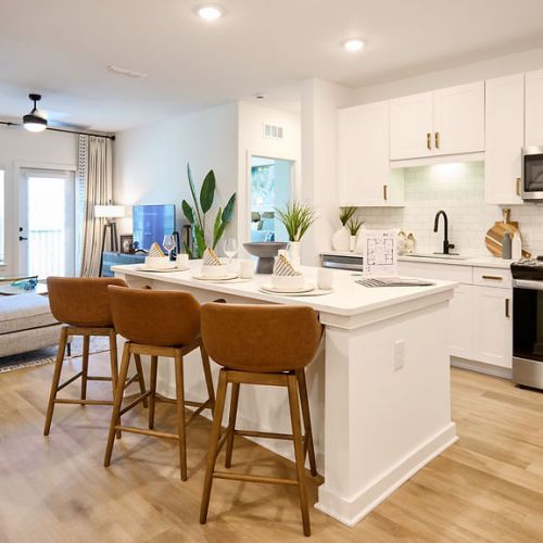 Kitchen with island and living space