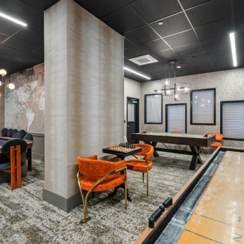 Game room with shuffle board and air hockey