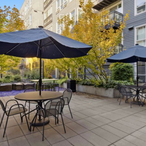 Garden seating area at Smith & Burns with outdoor lounge furniture
