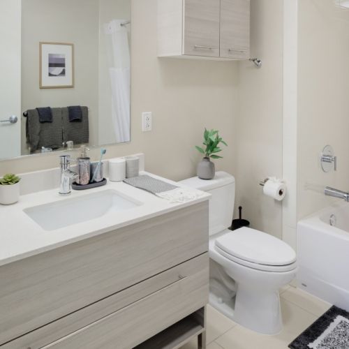Sleek design and calming tones define this primary bathroom retreat.