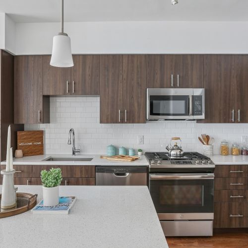 Kitchen view and stainless steel appliances 