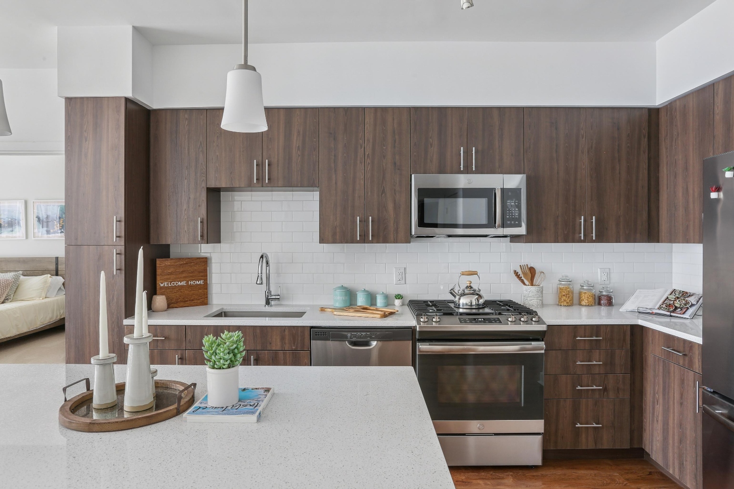 Kitchen view and stainless steel appliances 