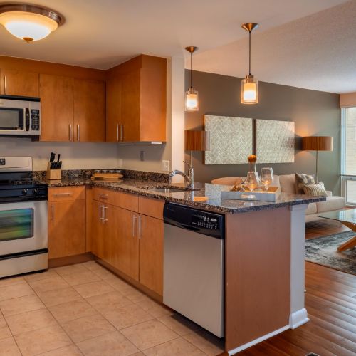 Kitchen with stainless steel appliances and view of living room