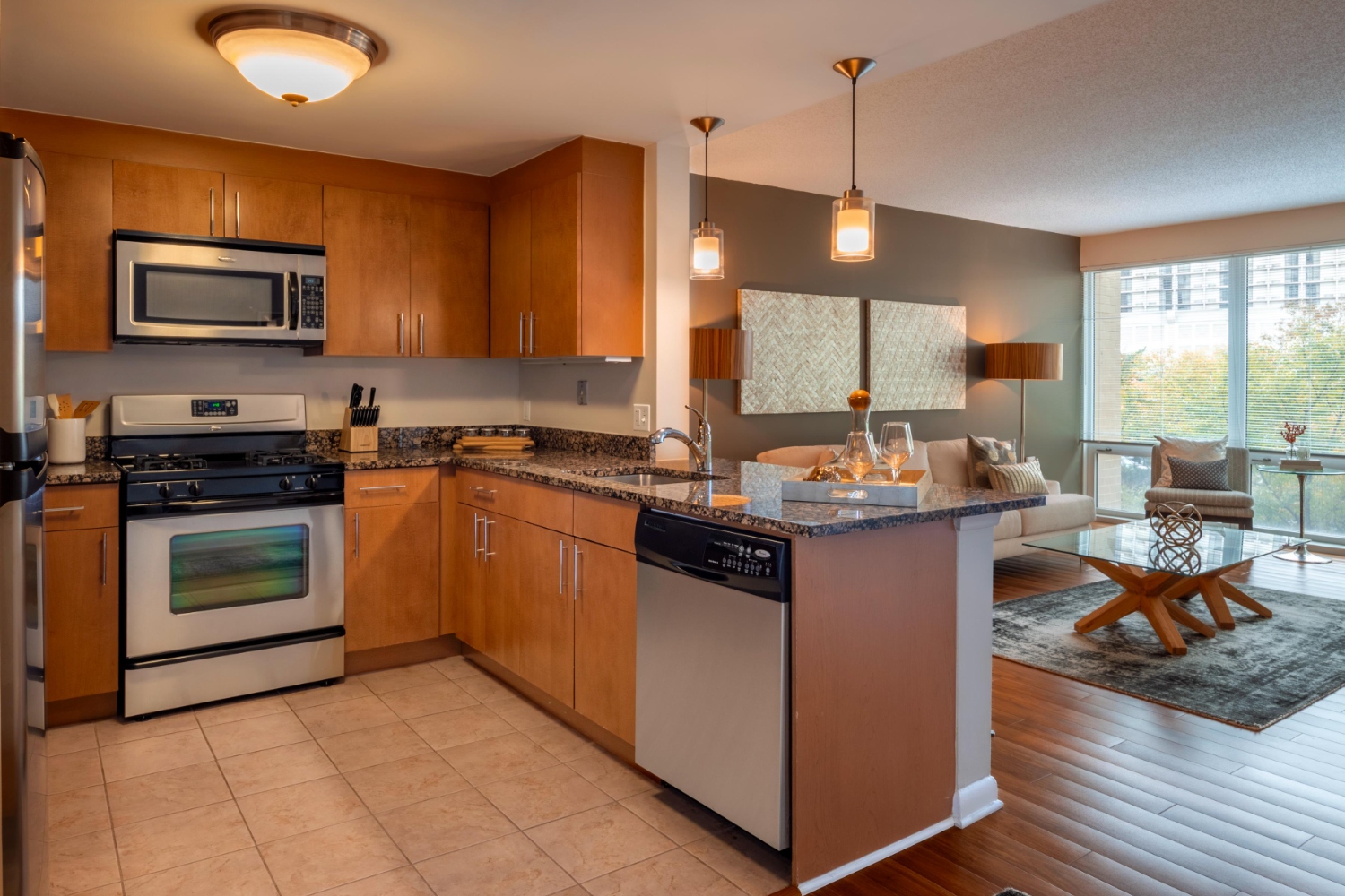 Kitchen with stainless steel appliances and view of living room