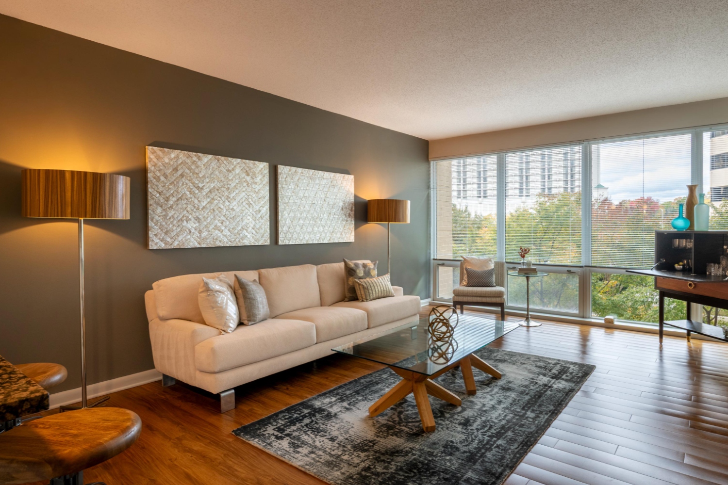 Living room with floor to ceiling windows