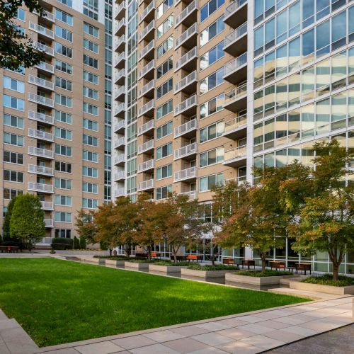 Courtyard with seating and view of building
