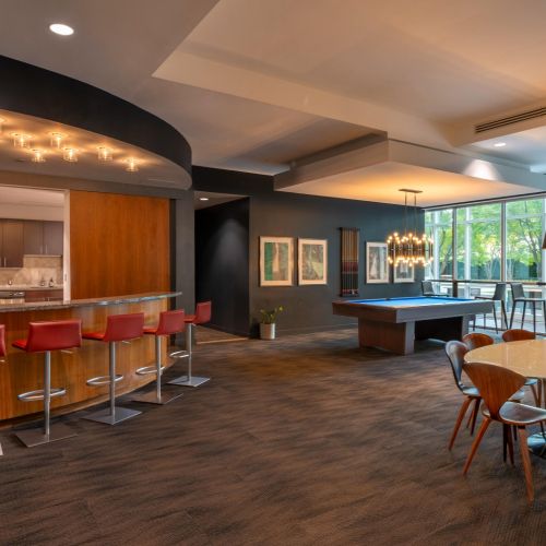 Clubroom with billiards and bar seating