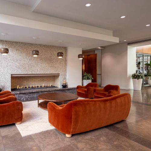 Lobby fireplace with seating