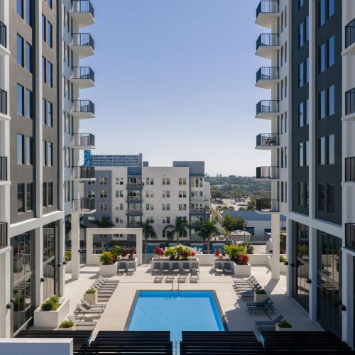 Pool with shaded cabanas and room to relax